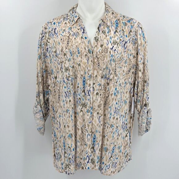 Westbound Button Up Down Blouse Shirt Womens 3X Ikat Animal Print Roll Tab Linen - Picture 2 of 8